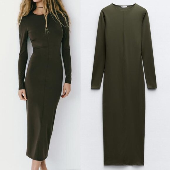 NEW Zara Olive Dark Green Fitted Polyamide Midi Dress S Sleek Stretchy Knit Slim - Picture 7 of 8